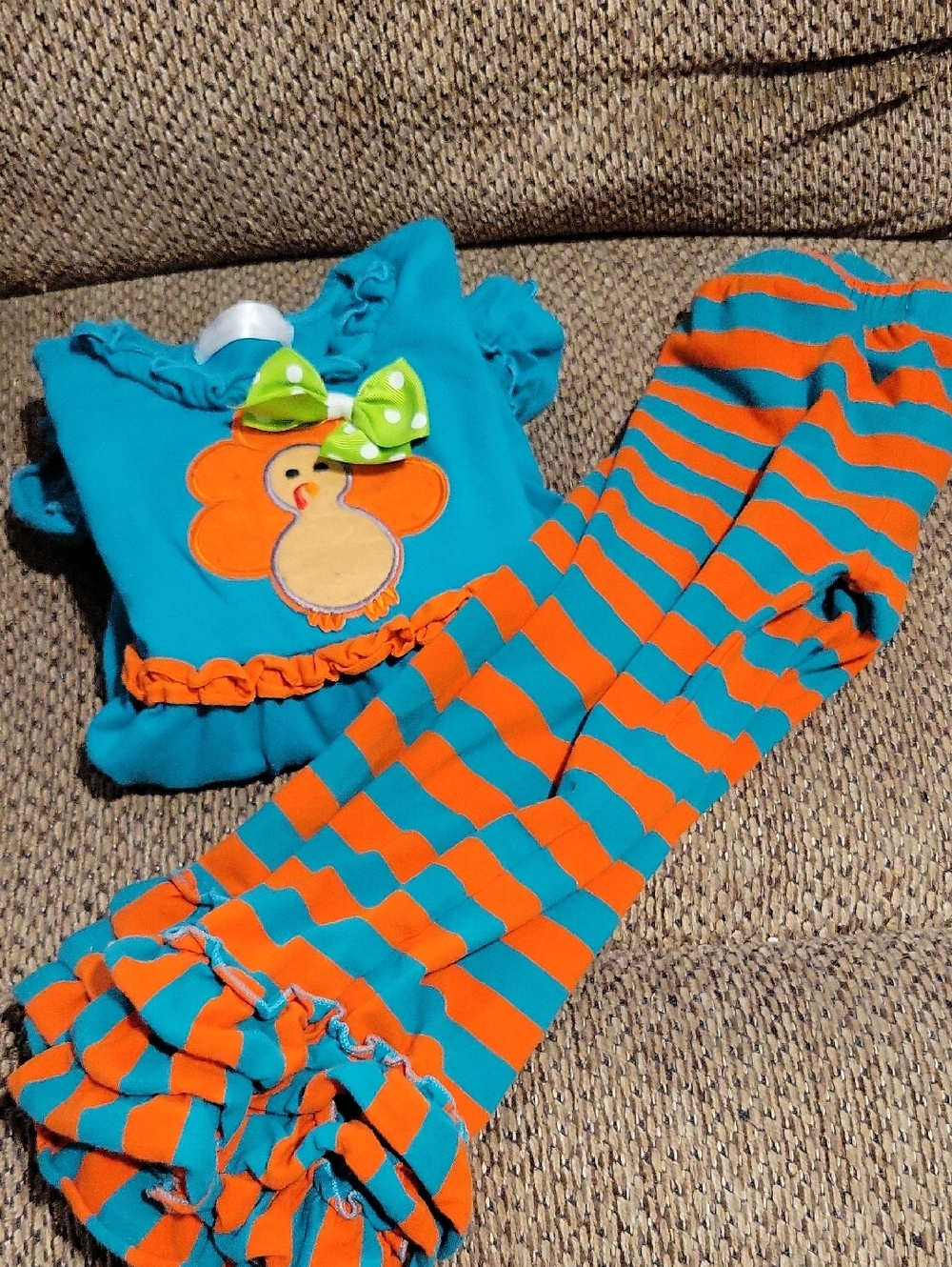 Turquoise & Orange Ruffle Kids Matching Set with Chick Applique